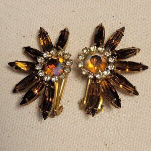 Vintage Root Beer Crystal Rhinestone Clip- On Earrings